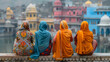 Back view of Muslim women sitting near the river, overlooking the cityscape view with friends. Lifestyle travel and cultural experiences await in this vibrant urban exploration.