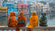Back view of Muslim women sitting near the river, overlooking the cityscape view with friends. Lifestyle travel and cultural experiences await in this vibrant urban exploration.