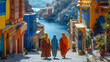 Back view of Muslim women walking in a colorful city, immersed in vibrant street scenes and cultural experiences. Journey through diversity and heritage in this authentic lifestyle travel.