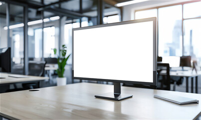 Blank computer screen on work desk in a light modern office