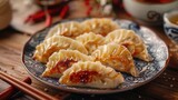 Fototapeta  - Traditional Chinese Dumplings for Mid autumn Winter Solstice and Chinese New Year with Symbolic FU Characters for Prosperity