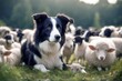 'troupeau surveillant collie border moutons dog sheep flock mountain guard guardian summer protect oversee ewe drover animal grass nature meadow husbandry guide alert surveillance work feed security'