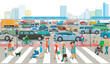 Stadtsilhouette einer Großstadt mit Verkehrs-Stau  und Personen, auf dem Zebrastreifen illustration  