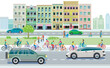 Eine Gruppe von Radfahrern mit Autoverkehr in der Stadt  illustration
