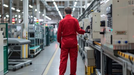 Wall Mural - a factory operator in red overalls supervising a production line enhanced with ai technology