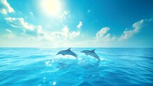 Beautiful Blue Sky With White Clouds, Calm And Clear Sea, Dolphins Swimming In It, World Ocean Day. Seamless Looping 4k Time-lapse Video Animation Background 