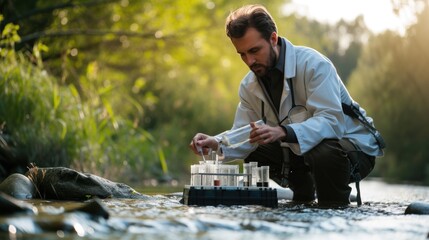 Wall Mural - A man, wearing a lab coat, collects water from a river, amidst a beautiful natural landscape with happy people, trees, grass, and a serene lake. AIG41