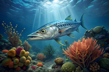 Wall Mural - barracuda fish surrounded by beautiful coral