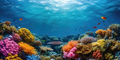 Wall Mural - An underwater coral reef scene, diverse marine life, vivid colors, showcasing the beauty and diversity of ocean life. Underwater photography, coral reef ecosystem, diverse marine life,. Resplendent.