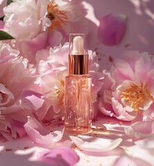   A tight shot of a perfume bottle on a table, surrounded by flowers in the backdrop A pink blossom sits prominently in the foreground