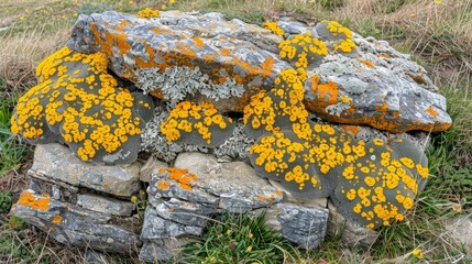 Wall Mural -   A detailed shot of a rock, covered in yellow and gray lichen, lies before a backdrop of undulating grass-covered hill and distant background