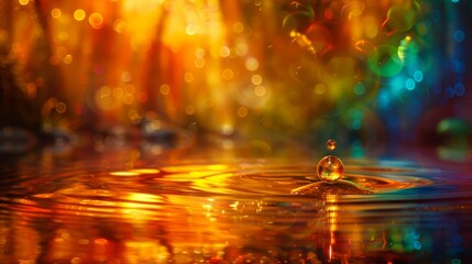   A tight shot of a water droplet on a surface, surrounded by a hazy backdrop of trees and more droplets