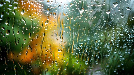 Poster -   A tight shot of a rain-splattered window reveals a buildings hazy silhouette in the backdrop, while trees encircle the front