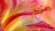   A tight shot of a red-and-yellow bloom with water droplets on its stamens