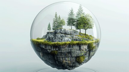 Wall Mural -   A glass orb bearing an image of a tree atop a rock in a waterbody