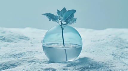 Wall Mural -   A small green plant emerges from a glass vase filled with water, its base submerged