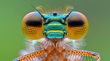   A detailed shot of a blue-yellow insect's head and legs, featuring green-yellow stripes encircling its eyes