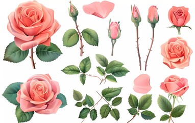 Wall Mural - Spring rose bouquet. Isolated realistic petals, flowers, branches, leaves vector set.