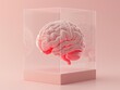 3D rendering of a human brain encased in a clear rectangular box, set against a soft pastel pink background, symbolizing thought containment