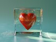 Artistic visualization of a red heart in a clear box, highlighted against a gentle pastel green background, focusing on the concept of vulnerable love