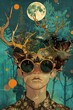 Surreal depiction of a nocturnal forest scene reflected in a young man's sunglasses.
