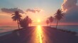 A beautiful road at sunset stretching into the distance, against the backdrop of the ocean, palm trees