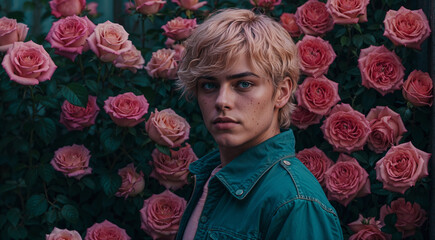 Portrait of a handsome young man with blond hair in a blue jacket on a background of pink roses