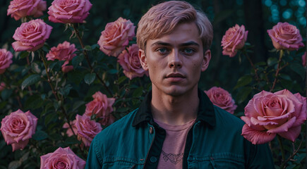 Portrait of a handsome young man with blond hair in a blue jacket on a background of pink roses