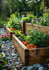 Vegetable garden on terrace with lot of flowers and tomatoes