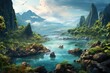 Beautiful landscape with sea bay and mountains in background. Generative AI. Flying birds against background of clouds.