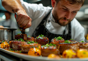 Wall Mural - Chef finishing dish in professional kitchen