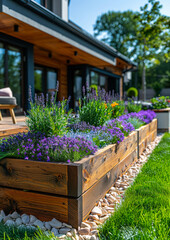 Wall Mural - Beautiful wooden flower bed with purple flowers in the garden