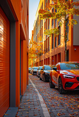 Wall Mural - Cars parked on the street in front of orange residential buildings