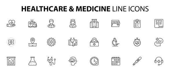 Healthcare - thin line vector icon set. Pixel perfect. Editable stroke. The set contains icons: Healthcare And Medicine, Doctor, Telemedicine, Medical Exam, Vector illustration.