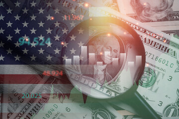 Sticker - USD dollar banknote with USA flag and stock market graph chart for currency exchange and global trade forex concept.