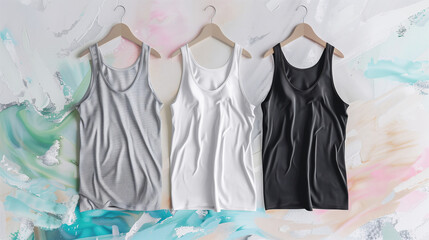 Wall Mural - Mockup of clothes collections for an advertisement, poster, or art design. Three basic white, grey, and black hanging tank tops are displayed on a pastel abstract art background.