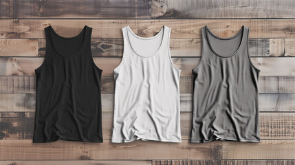 Wall Mural - Mockup of clothes collections for an advertisement, poster, or art design. Three basic white, grey, and black tank tops are displayed on a wooden background.