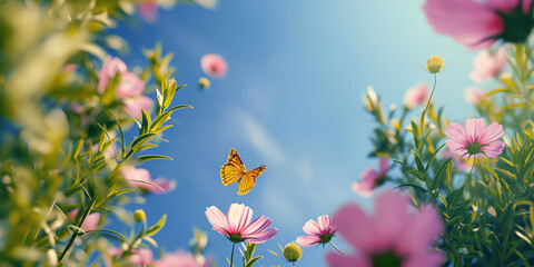 Wall Mural - Flowers  field with blossom pink Cosmos flowers and yellow butterflies against at sunny day with blue sky in summer, summer flower theme.