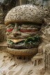 A giant sand sculpture of a hamburger with lettuce, tomato, and cheese