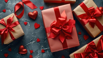 Wall Mural - Celebrate the love filled occasion of Valentine s Day with a captivating close up shot capturing beautifully wrapped gifts in vibrant paper adorned with satin bows showcasing classic symbol