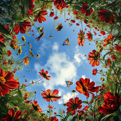 Wall Mural - Flowers  field with blossom red Cosmos flowers and yellow butterflies against at sunny day with blue sky in summer, summer flower theme.