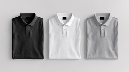 Canvas Print - Mockup of clothes collections for an advertisement, poster, or art design. Three basic white, grey, and black folded polo shirts are displayed on a plain white background.