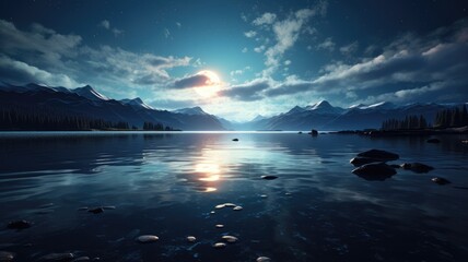 Wall Mural - Tranquil Moonlit Mountain Lake Under Starry Sky