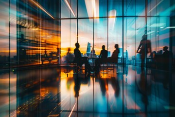 Dynamic image of business professionals in movement within an office space against the sunset city skyline backdrop