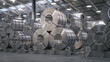 Rolls of metal sheet. Zinc, aluminium or steel sheet rolls on warehouse of factory.