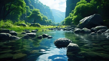 Wall Mural - Crystal-clear River Flowing Through Verdant Green Valley