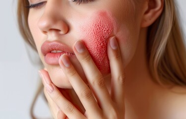 Sticker - A woman with pink red skin on her face, holding an itchy patch on her mouth and chin area, white background, stock photo, closeup. The image appears to be in the style of a stock photo. 