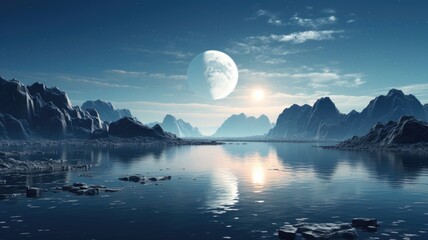 Wall Mural - A calm lake reflecting the craters of a nearby celestial body.