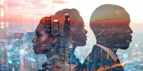 Canvas Print - A double exposure image of a diverse group of professionals overlaid with a city skyline, symbolizing career opportunities in urban settings.