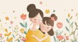 A flat illustration of a mother and daughter hugging, surrounded by flowers and leaves on a simple background with pastel colors in the style of vector art. The cute and adorable